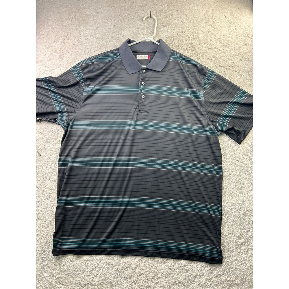 Ben Hogan Mens XXL Gray Striped Polo Shirt Short Sleeve 100% Polyester Golf Perf